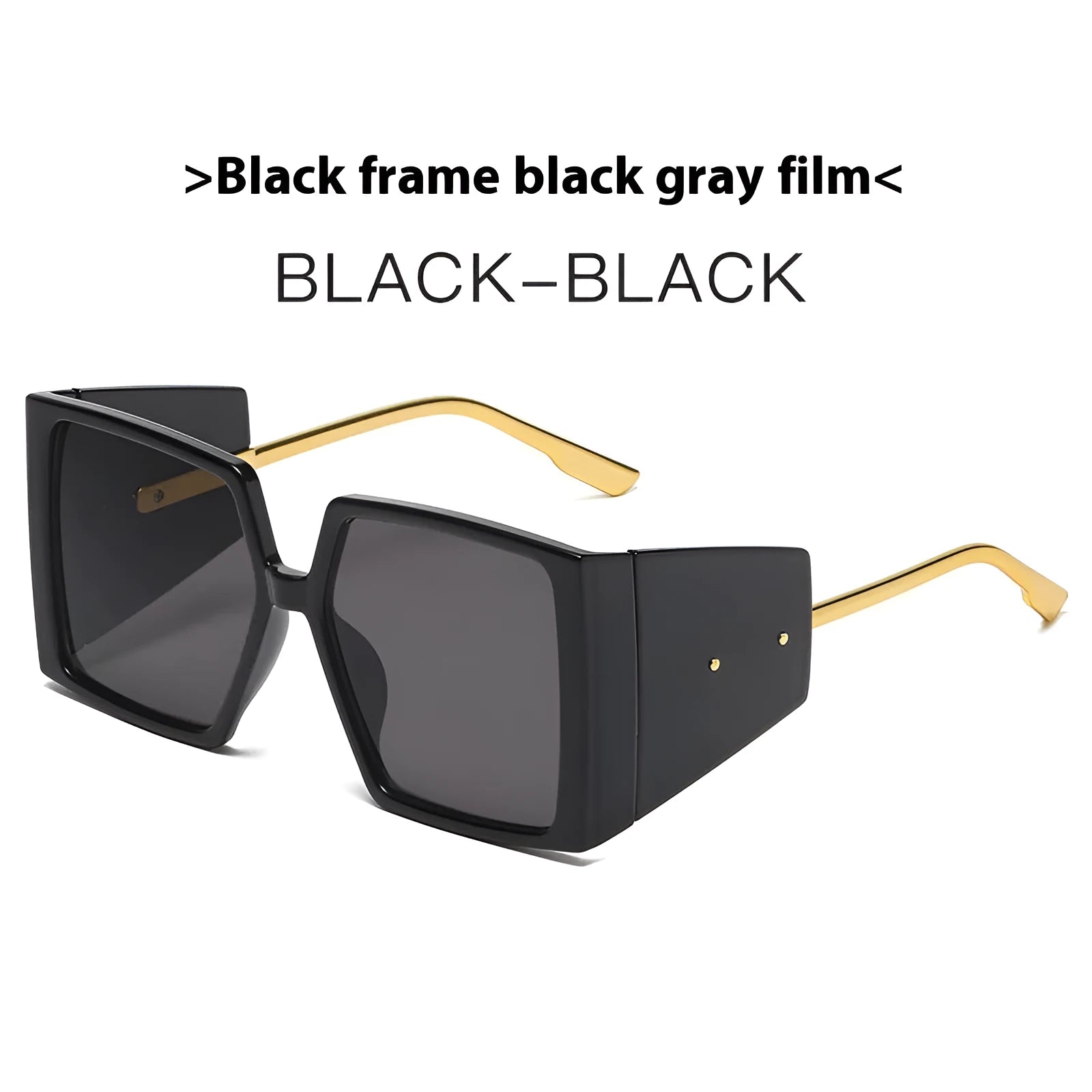 A pair of large square frame sunglasses in a selection of colours including black, blue, and champagne.