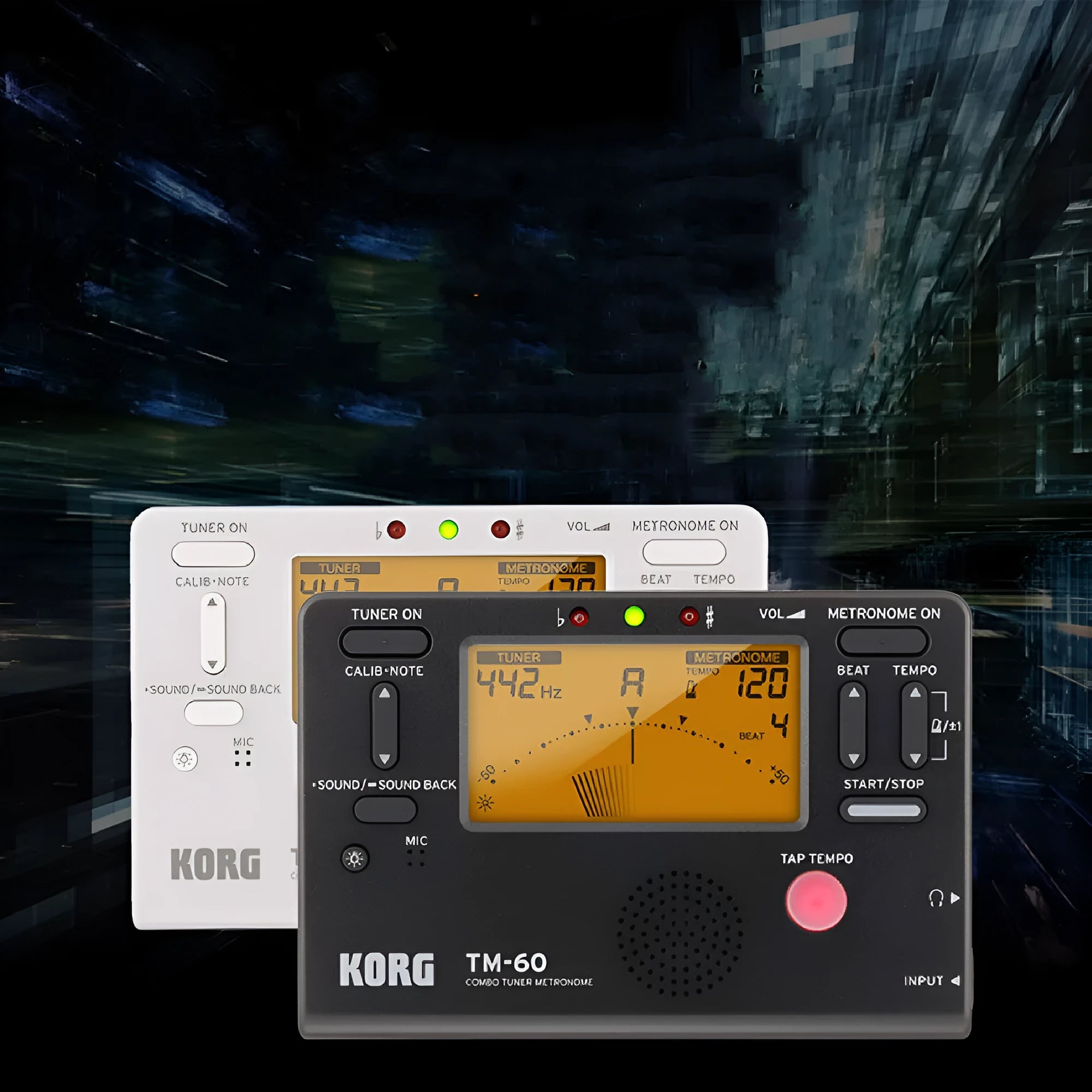 TM-60 universal metronome tuner with plastic shell, tempo display, and control buttons for musical timing practice