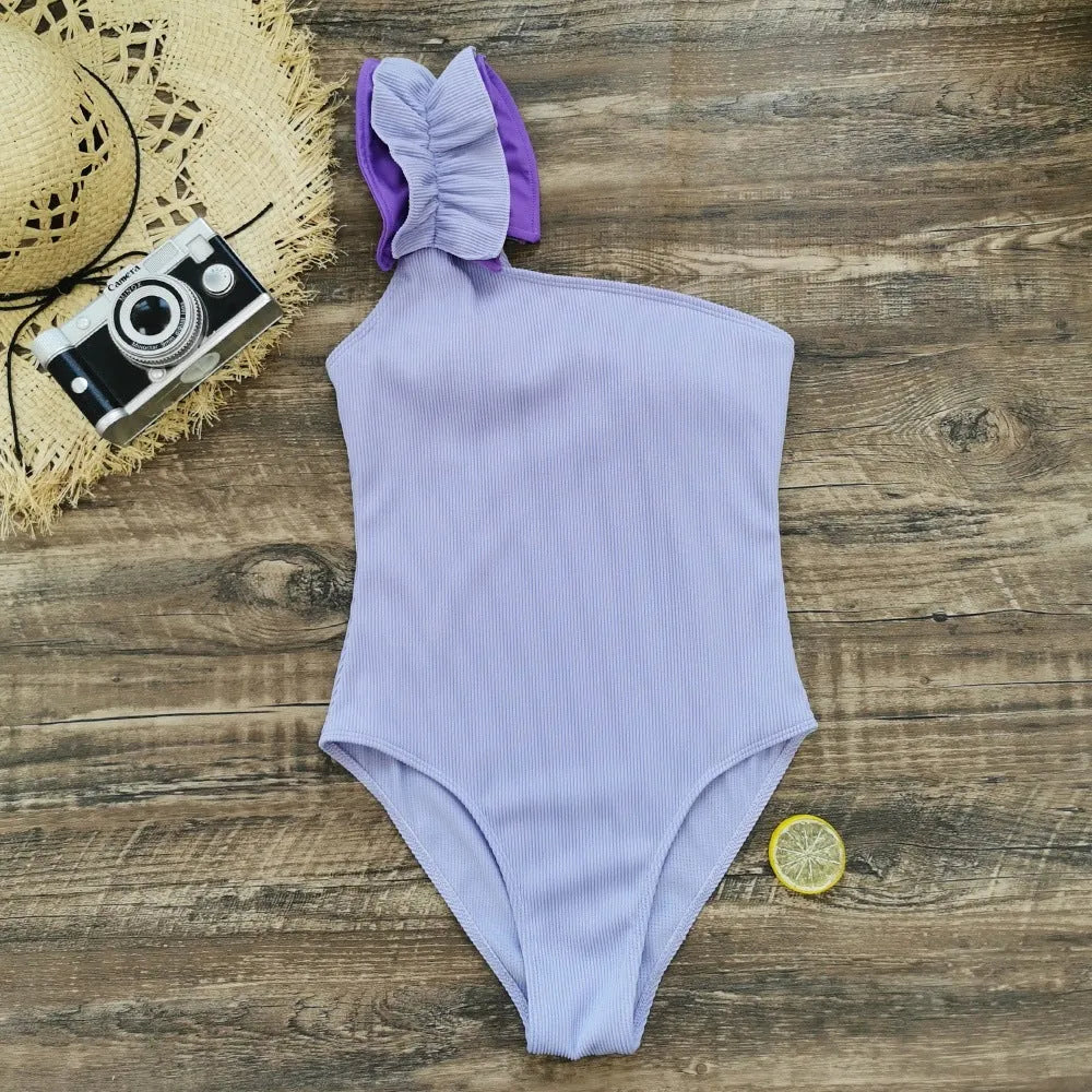 Women's single-shoulder suspender tube top one-piece swimsuit in high-waisted polyester design