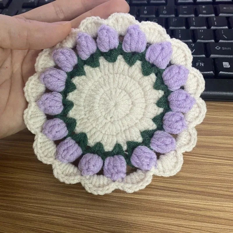 Handmade crochet woven flower coaster in cotton and linen yarn with floral design