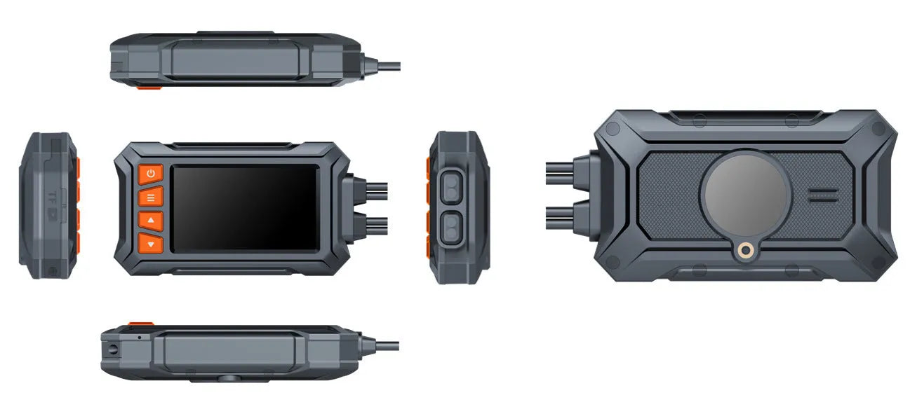 Motorcycle GPS tachograph recorder with dual cameras, GPS module, and installation cables on a handlebar.