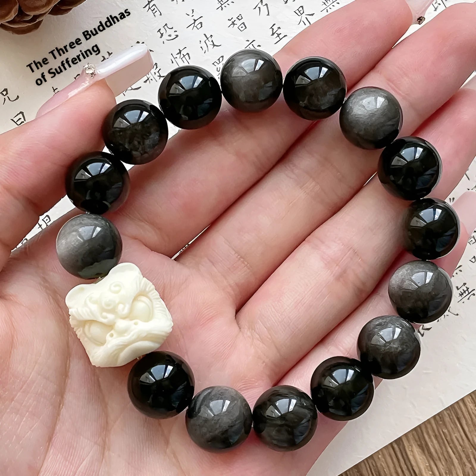 Obsidian Xingshi single circle prayer beads bracelet with chamfered square grain detailing