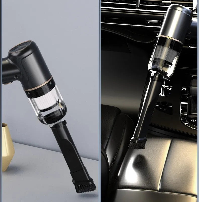 Black wireless handheld vacuum cleaner with attachments for car and home use.