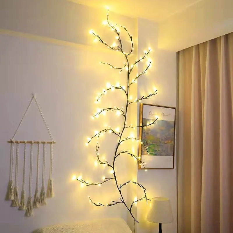 Flexible LED willow vine Christmas garland light with warm white lights and birch bark texture