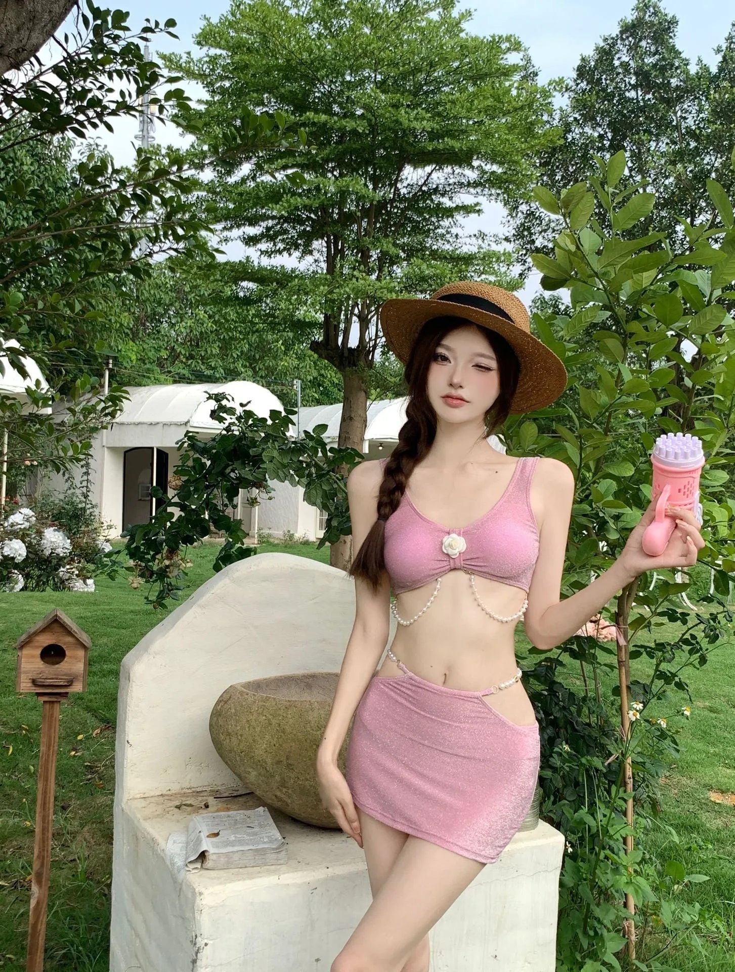Bear Vacation three-piece bikini swimwear set in pink or black colour with high elasticity polyester fabric