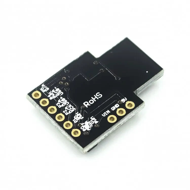 Micro USB development board black with USB port, 6 I/O pins, and onboard LEDs