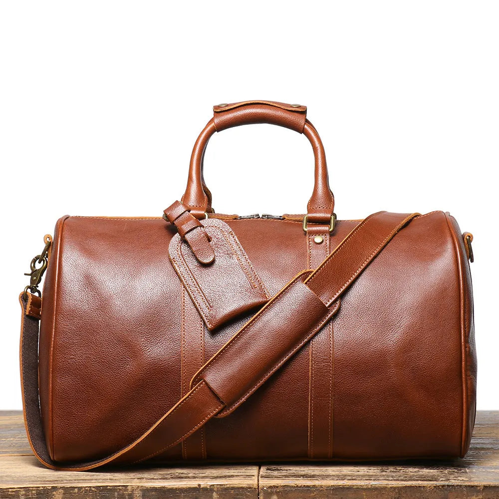 Men's genuine leather shoulder crossbody gym bag in dark coffee colour with visible stitching and adjustable strap