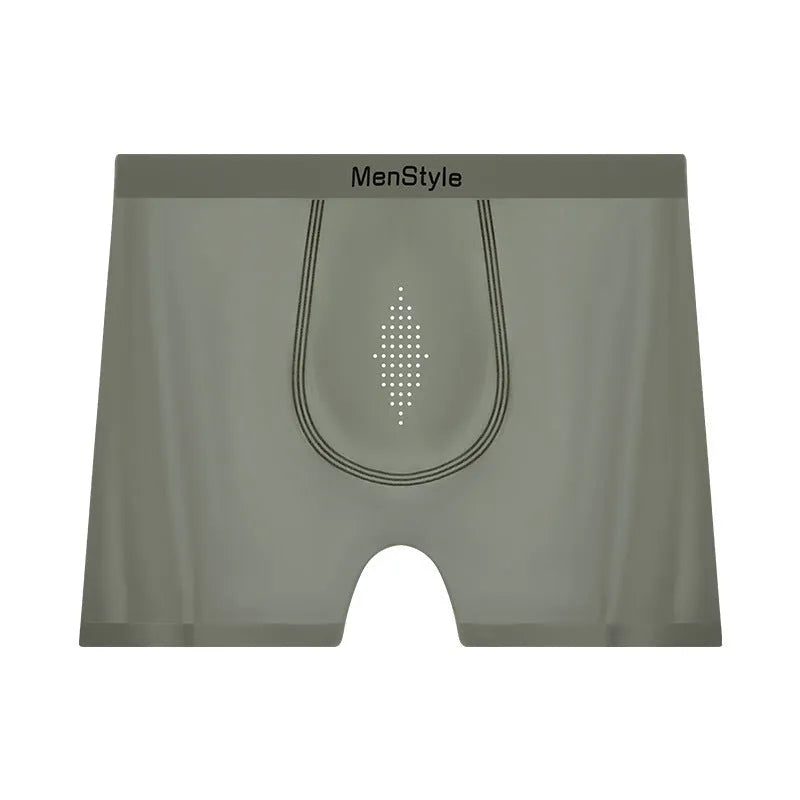 Men's satin ice silk seamless boxer shorts in mid-waist style, shown in dark grey colour.