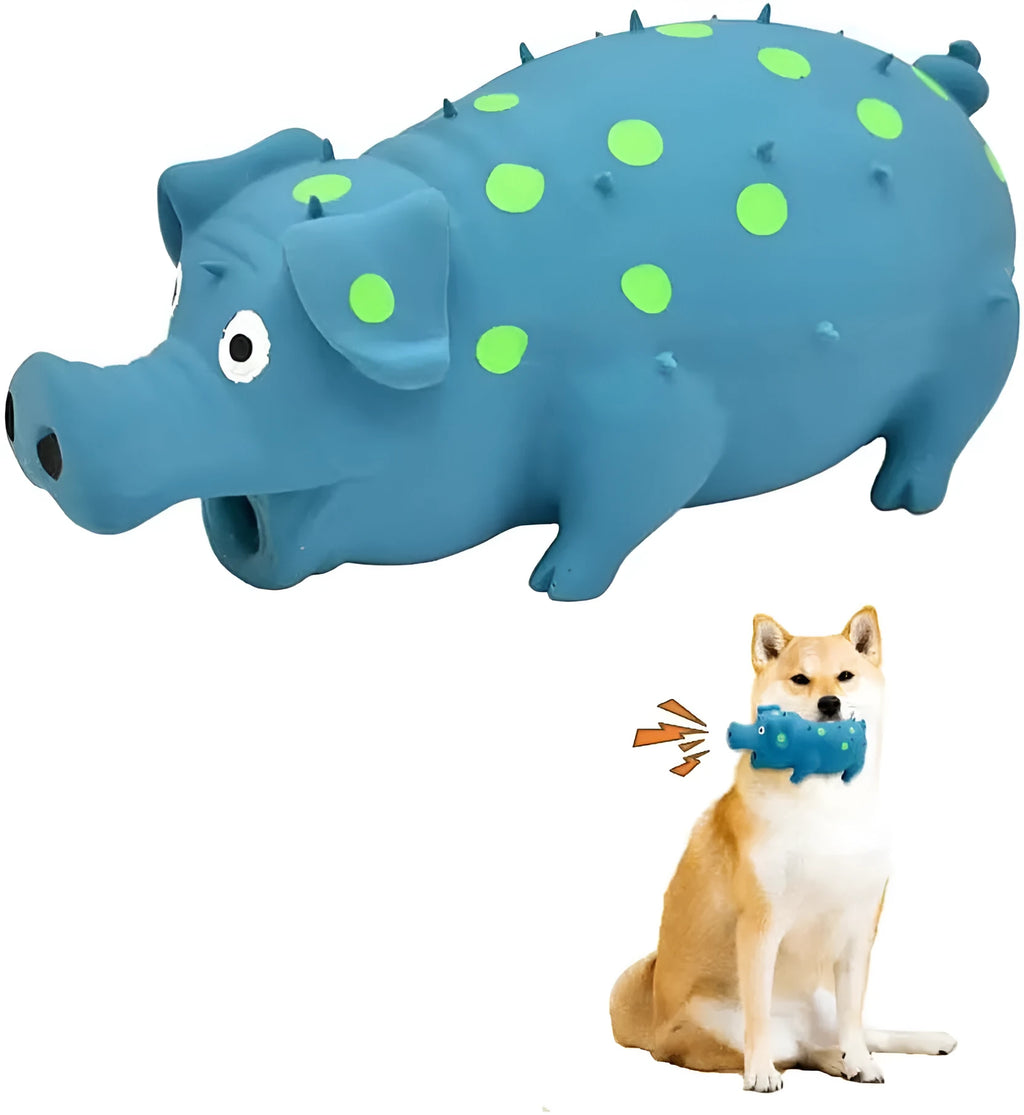 Pig-shaped latex dog chew toy with textured surface in assorted colours