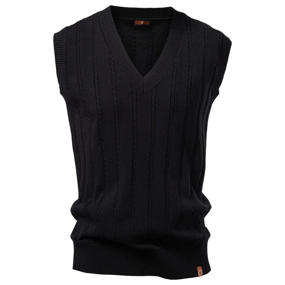 Men's European size V-neck twist sweater vest in dark blue, slim fit, viscose blend