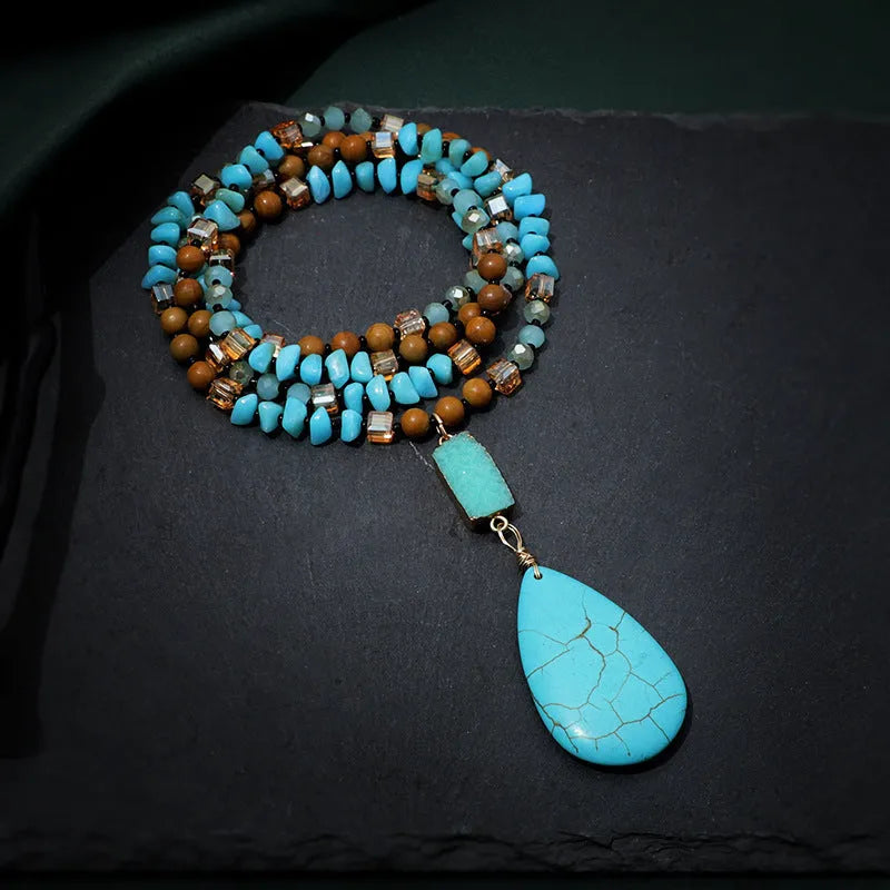 Turquoise blue water drop pendant necklace with mixed gem inlaid and 81cm ball bead chain