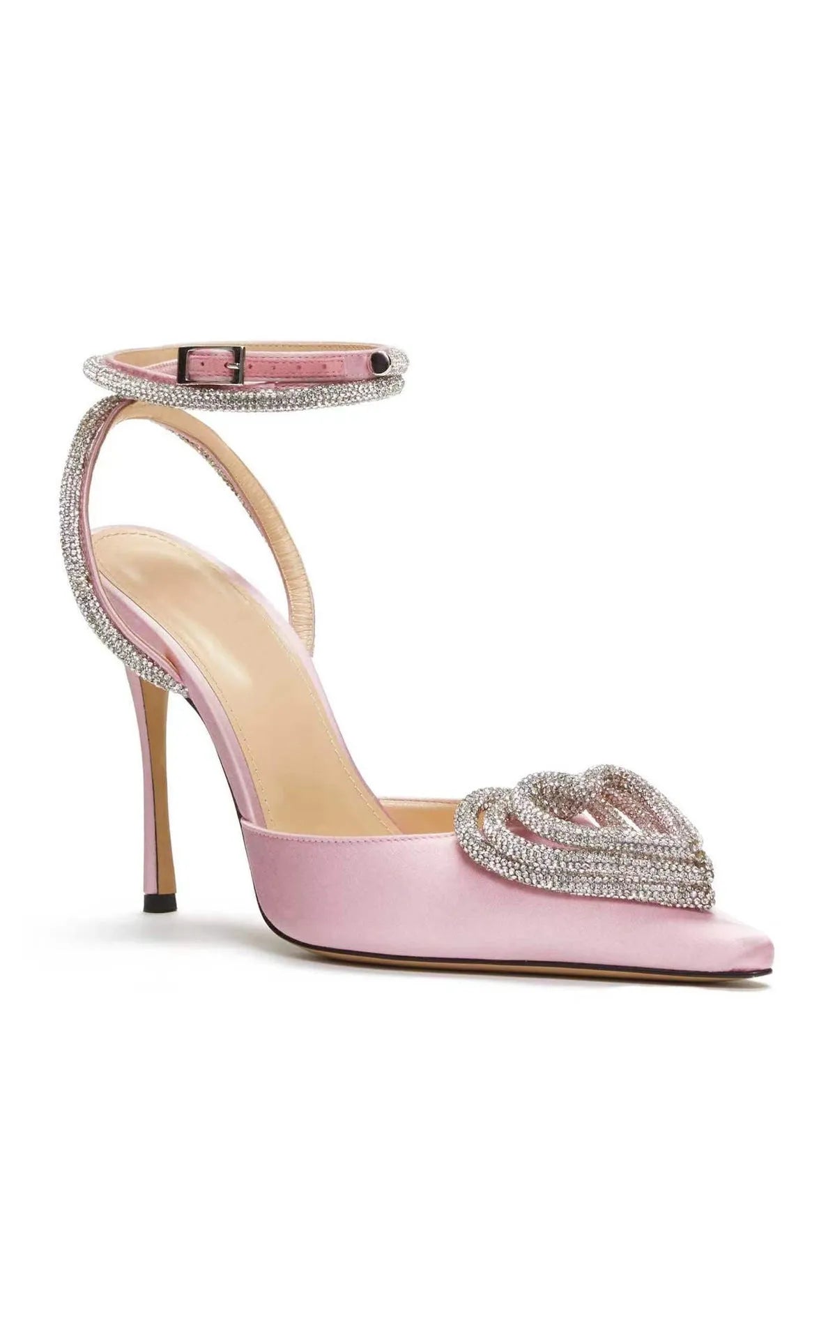 Women's pointed-toe sandals with heart rhinestone detail on satin upper in black, pink, or white colours