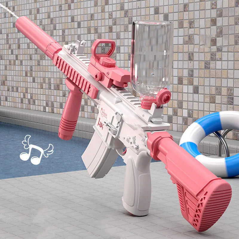 Blue automatic electric water gun with USB charging port held in a child's hand, ready for summer outdoor play.