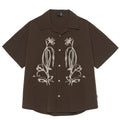 Brown stripe polyester outdoor shirt with Cuban collar and short sleeves for camping
