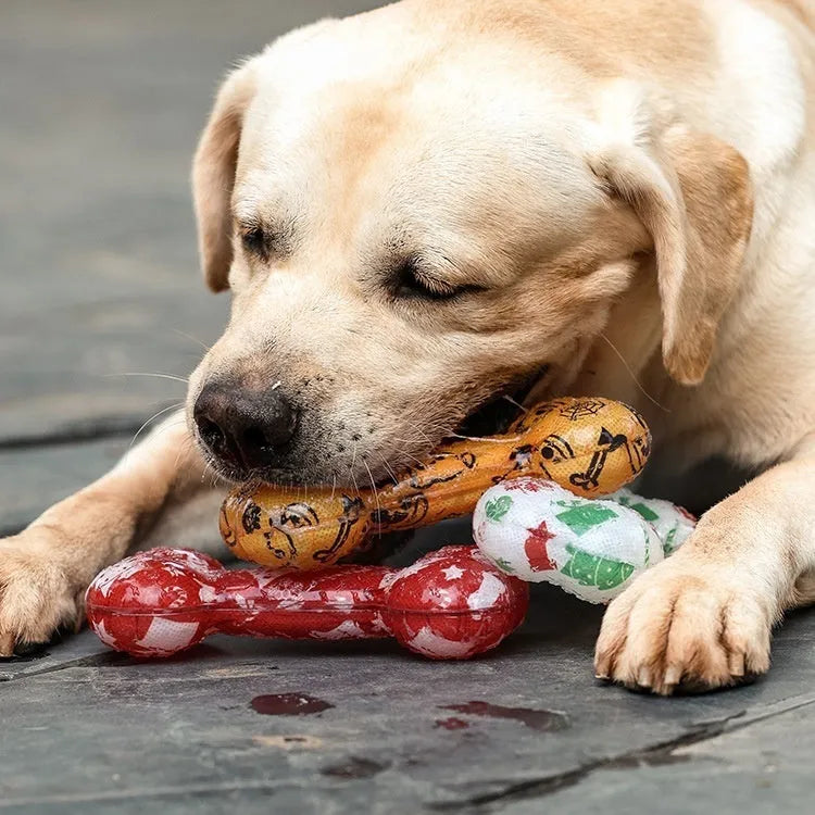 Printed bone-shaped dog chew toy in seasonal colours with TPR material