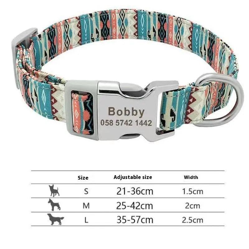 Colourful canvas dog collar with semi-metal buckle in striped floral pattern