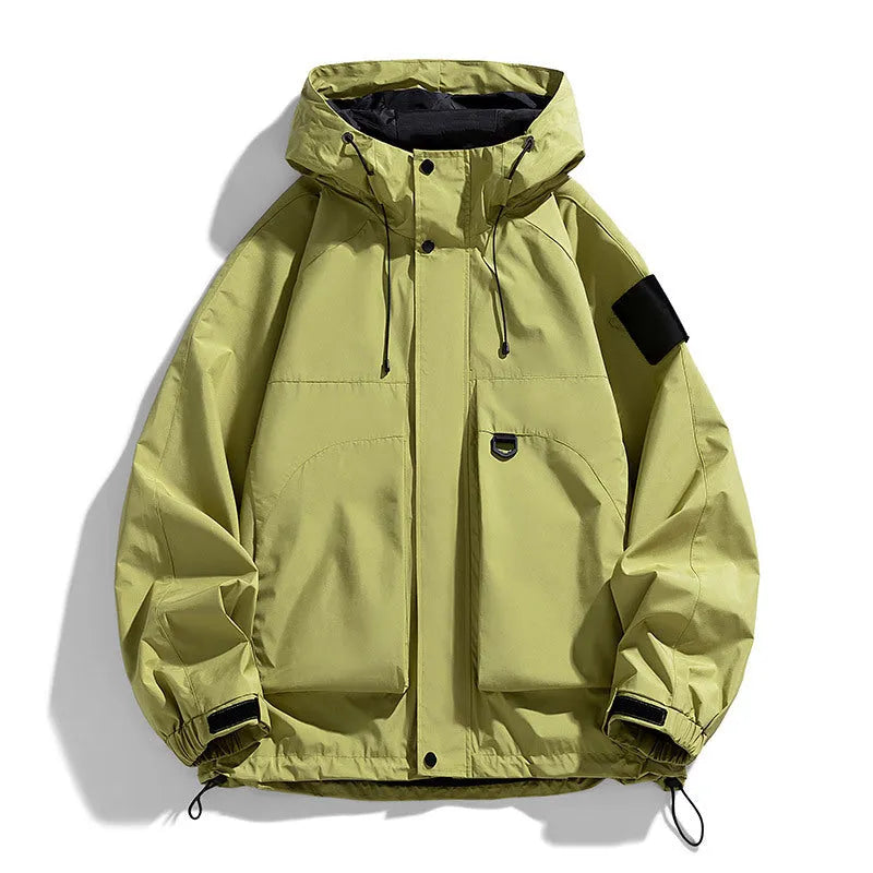 Men's black hooded windproof waterproof coat with long sleeves, shown in a regular length cut.