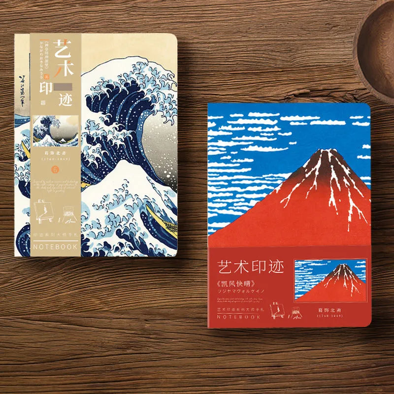Ukiyo-e Kanagawa surfing village hand ledger notebook showing retro design and artwork
