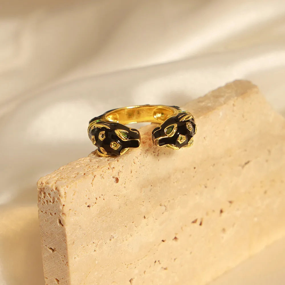 Black cheetah print geometric open ring for women, size 7, electroplated copper construction