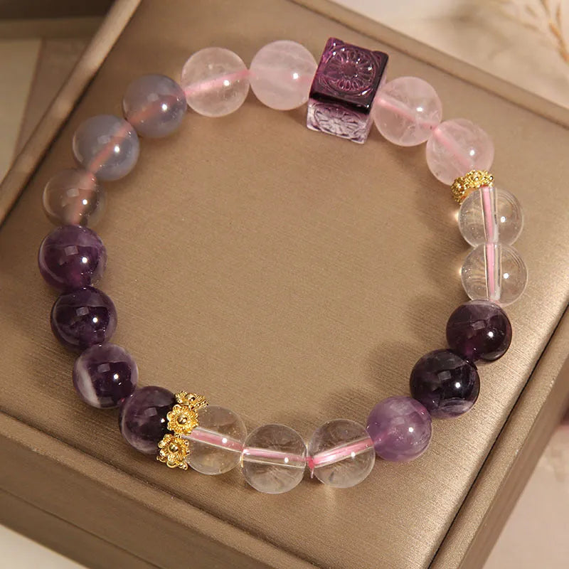 Purple natural amethyst crystal women's bracelet with 10mm rhinestones