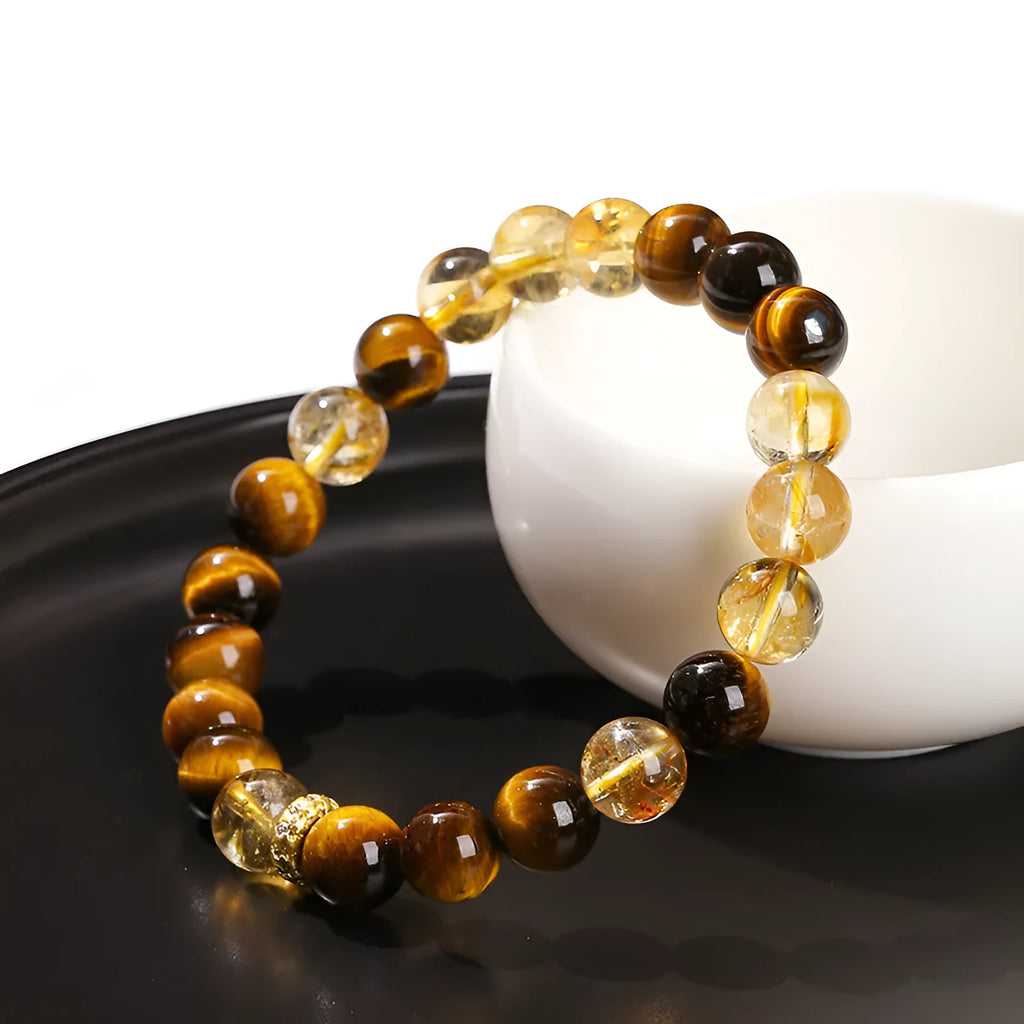 Yellow tiger stone and crystal bracelet with 8mm geometric round beads