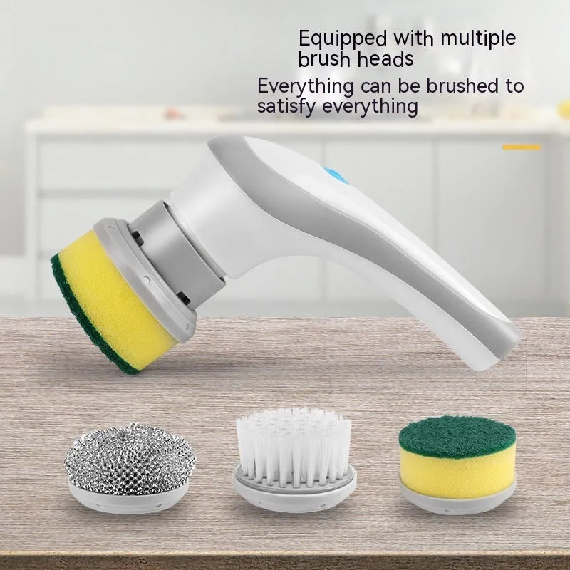 White cordless electric cleaning brush with four brush heads for shower tile and floor cleaning