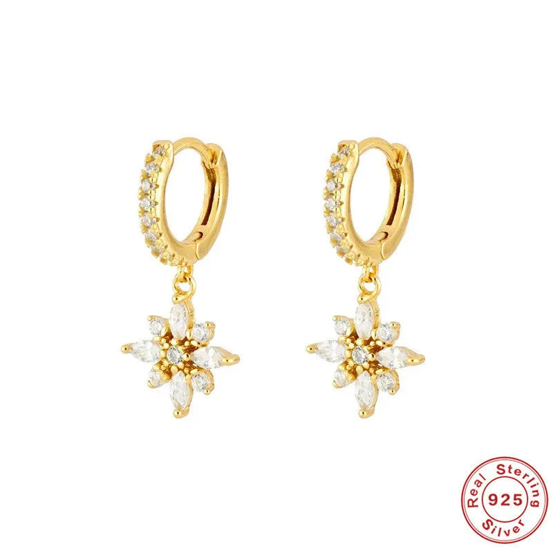 Sterling silver geometric snowflake earrings with diamond accents in yellow or white gold colour