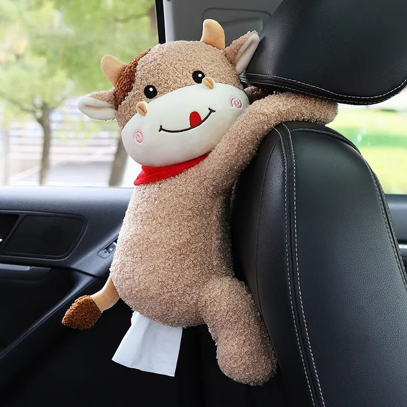 Plush car seat tissue holder with strap attached to vehicle seat back in animal design