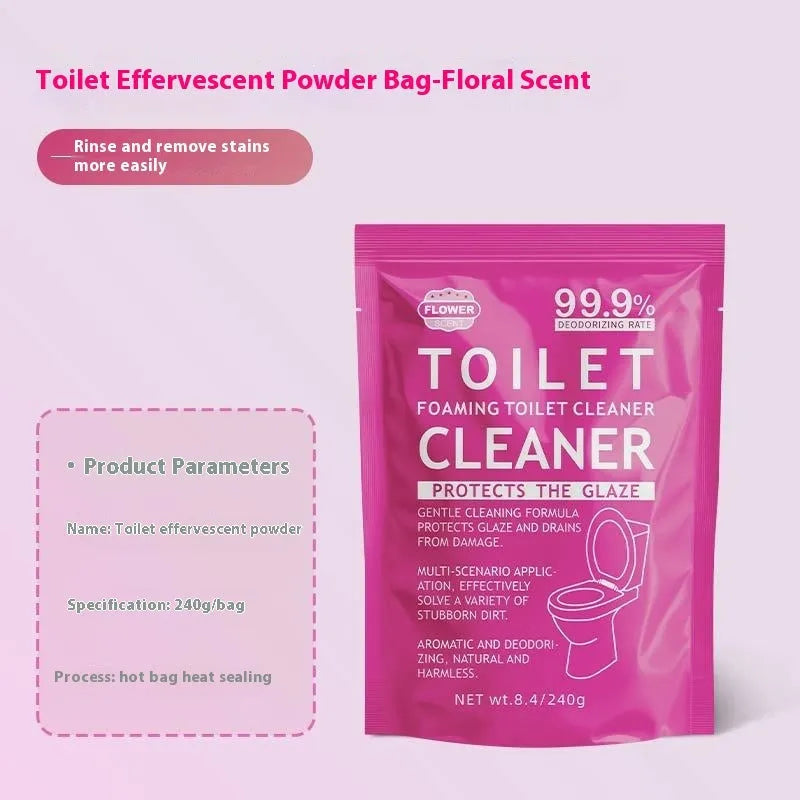 Box and sachets of effervescent toilet bubble powder cleaner in blue and pink variants.