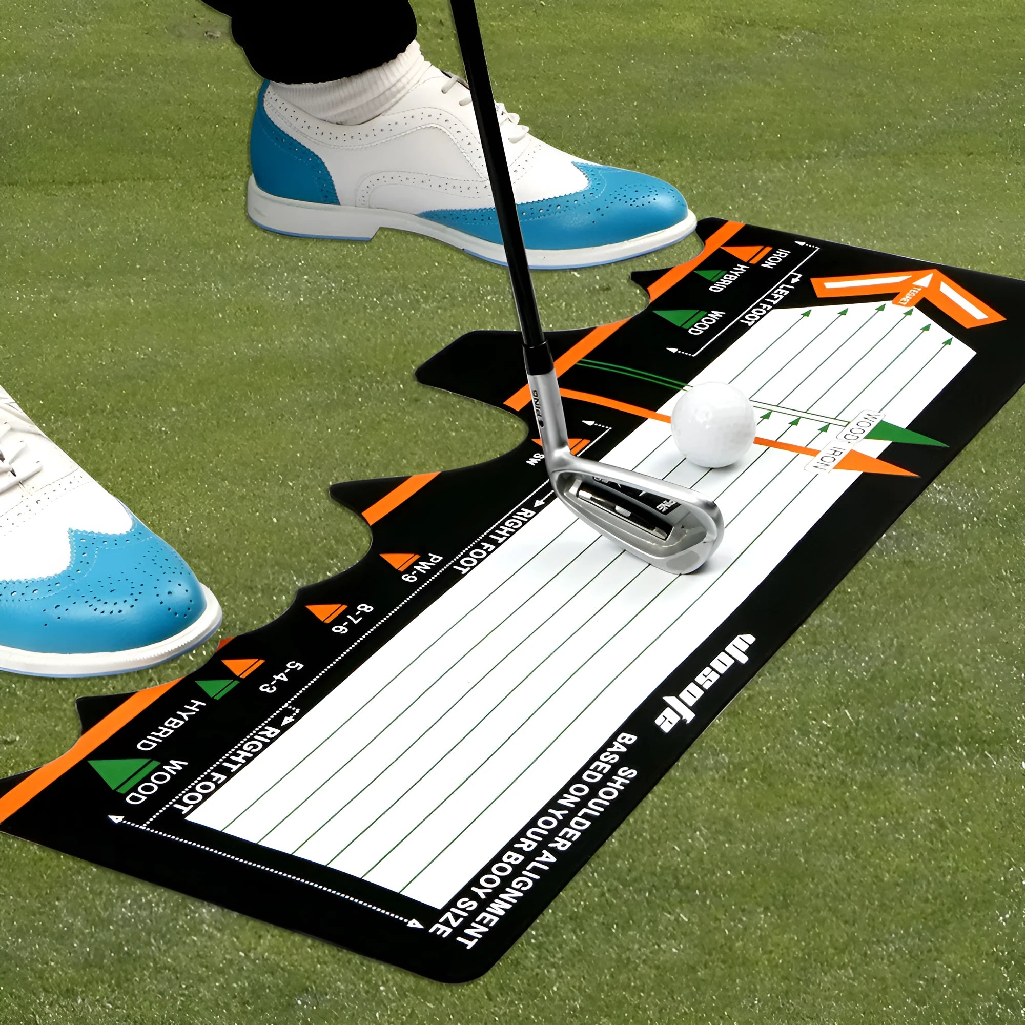Black neoprene golf swing stance training pad on a green surface.