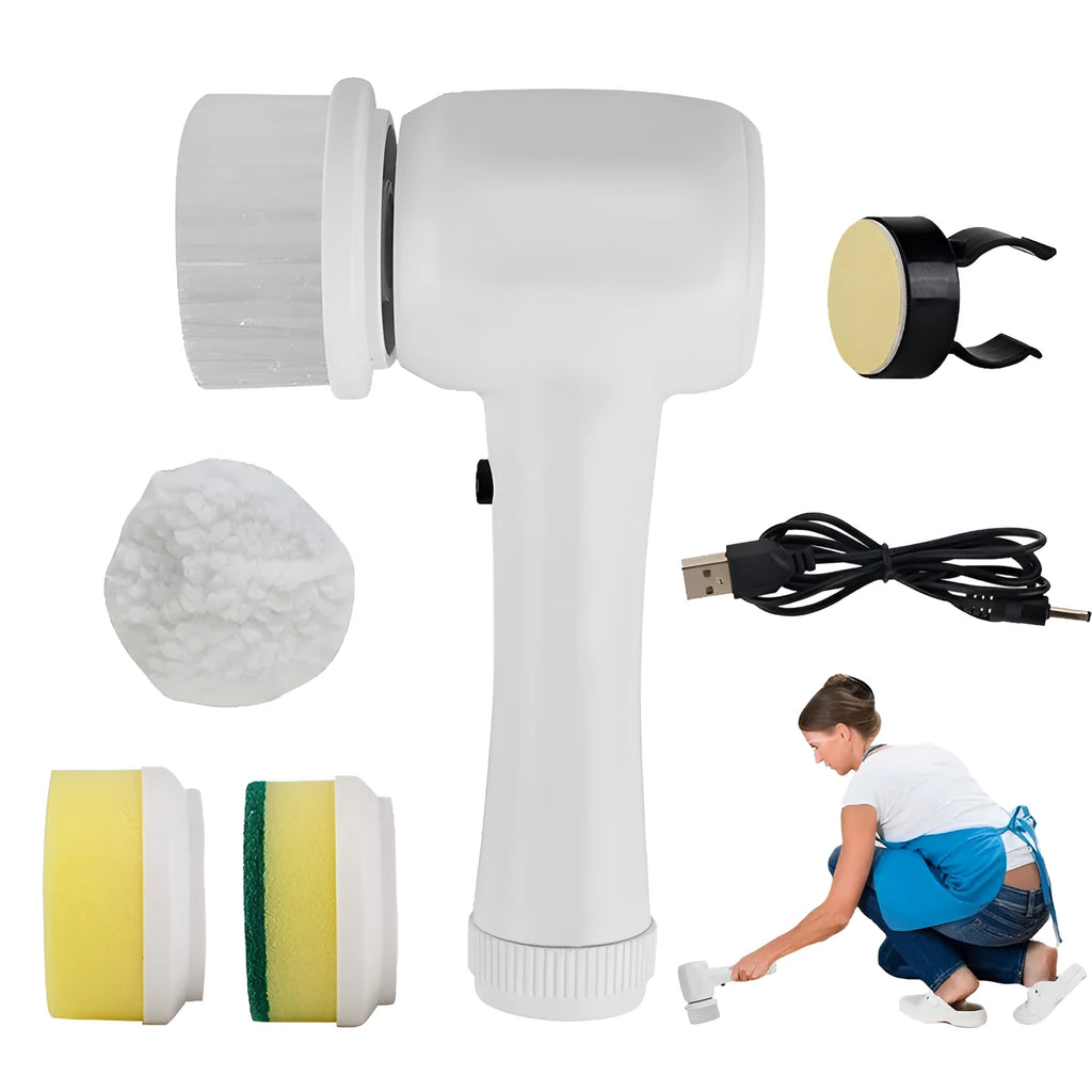 White cordless electric cleaning brush with four brush heads for shower tile and floor cleaning