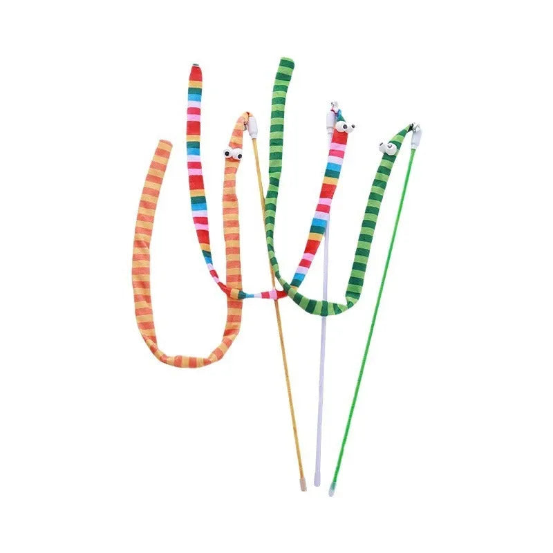 Cat wand toy with polycarbonate pole and long plush strip in green, orange, or rainbow colours