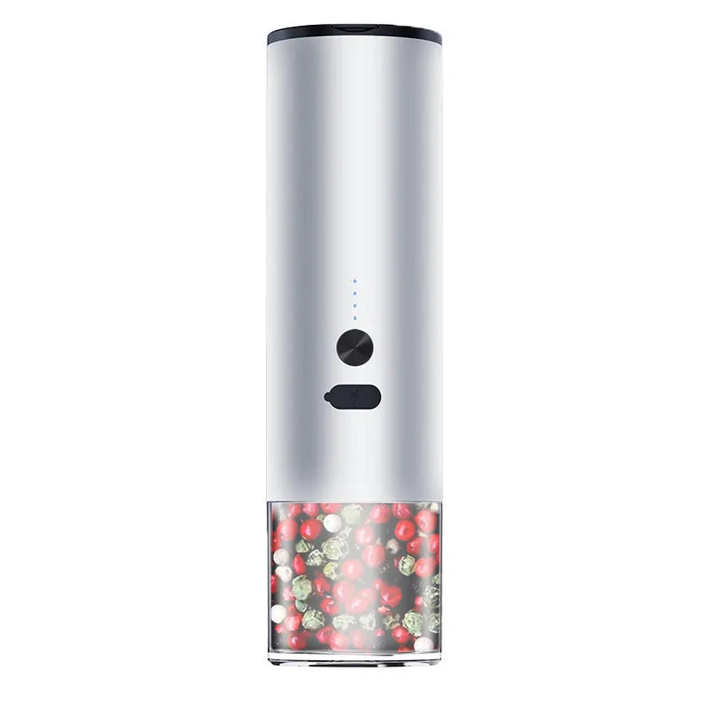 White electric salt and pepper grinder with clear glass jar and LED light