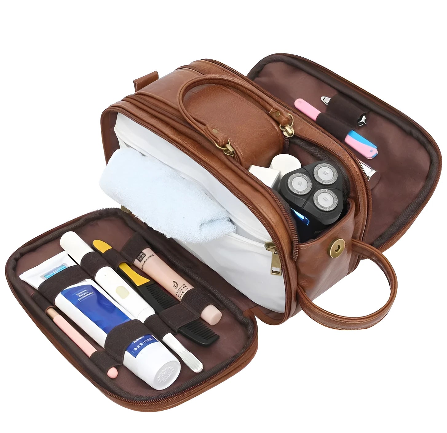 Men's black PU leather toiletry bag with water-resistant zipper and interior mesh pockets open