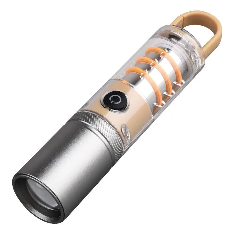 Orange 10W LED torch with optical zoom, hanging hook, and keychain attachment