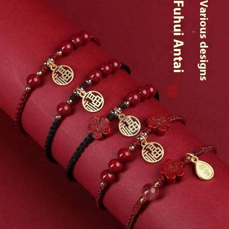 Cinnabar bracelet with braided rope and peach blossom charm for exam luck