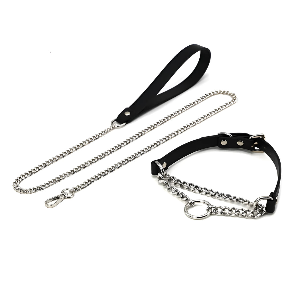 Black leather adjustable collar and matching leash with a hand grip rope.