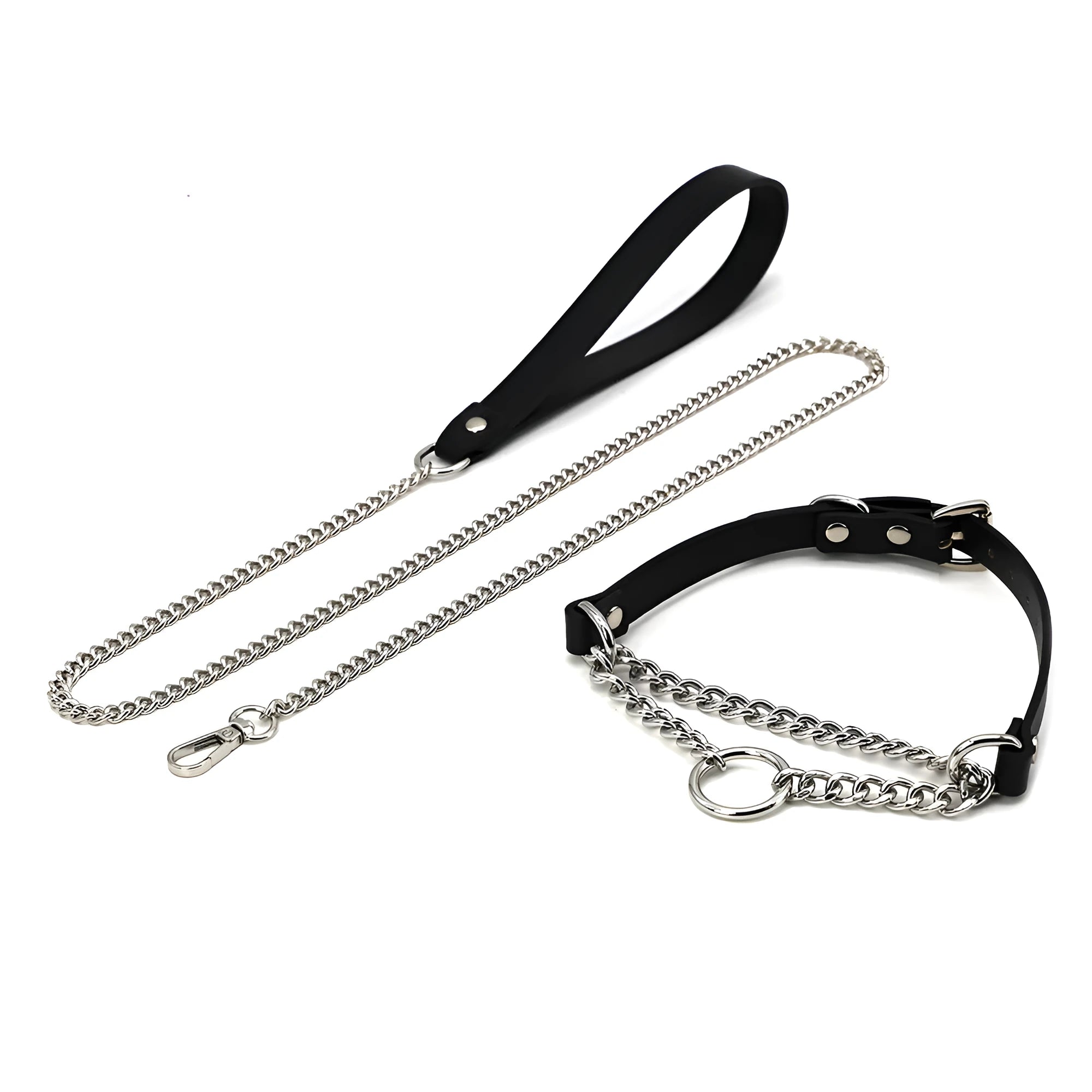 Black leather adjustable collar and matching leash with a hand grip rope.