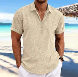 Men's light grey loose-fit cotton blend cardigan with a lapels collar and long sleeves laid flat.