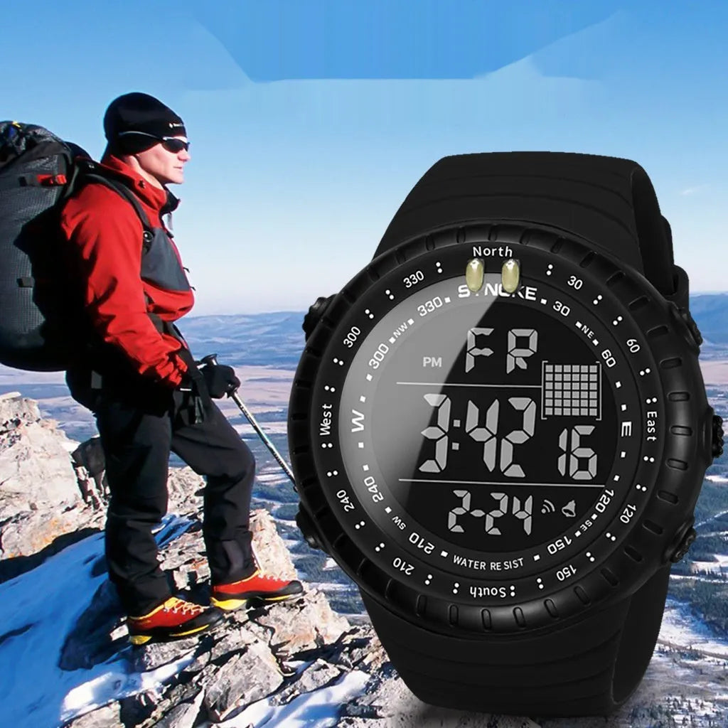 Black mens outdoor electronic watch with plastic case and PU strap showing 54.74mm dial