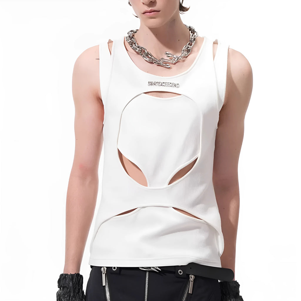 Men's black and white sleeveless waistcoat vest with round neck and hollow thread construction.