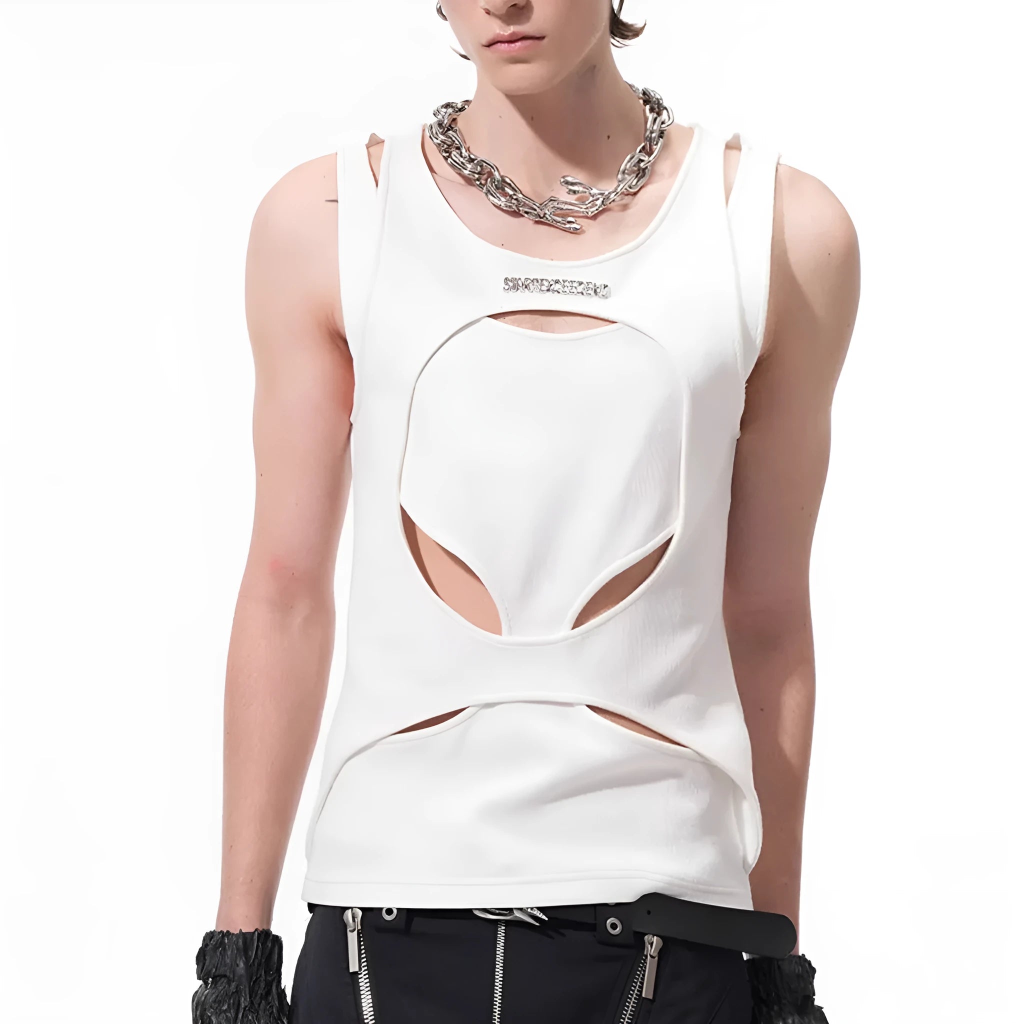 Men's black and white sleeveless waistcoat vest with round neck and hollow thread construction.