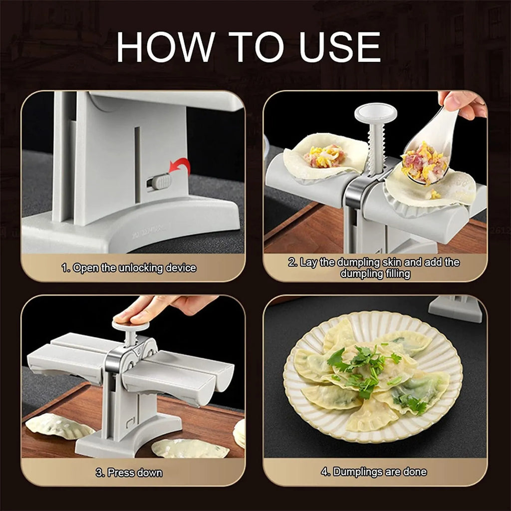 White double-head manual dumpling mould with stainless steel and plastic construction on a rubber anti-slip mat.