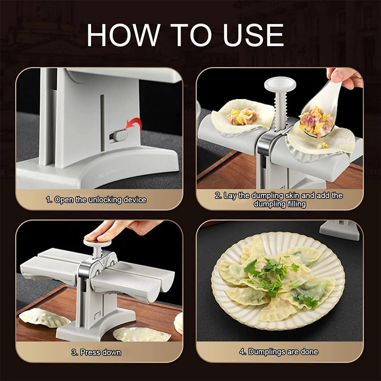 White double-head manual dumpling mould with stainless steel and plastic construction on a rubber anti-slip mat.