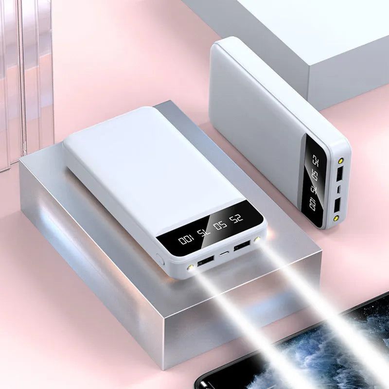 20000mAh polymer power bank in black, white, pink or blue with multiple USB ports