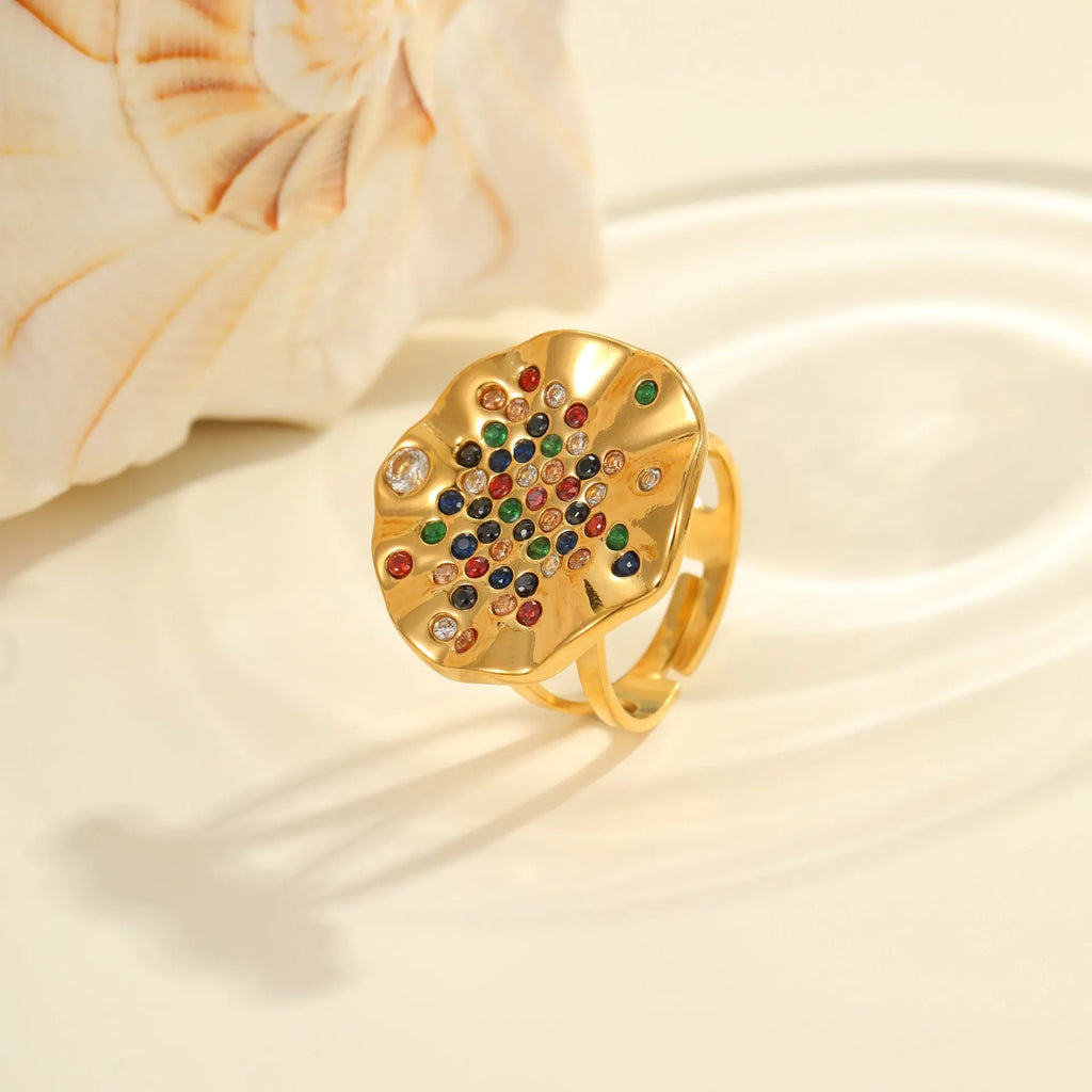 Adjustable open mouth ring with pleated geometric design and colour diamond accents on titanium-finished stainless steel