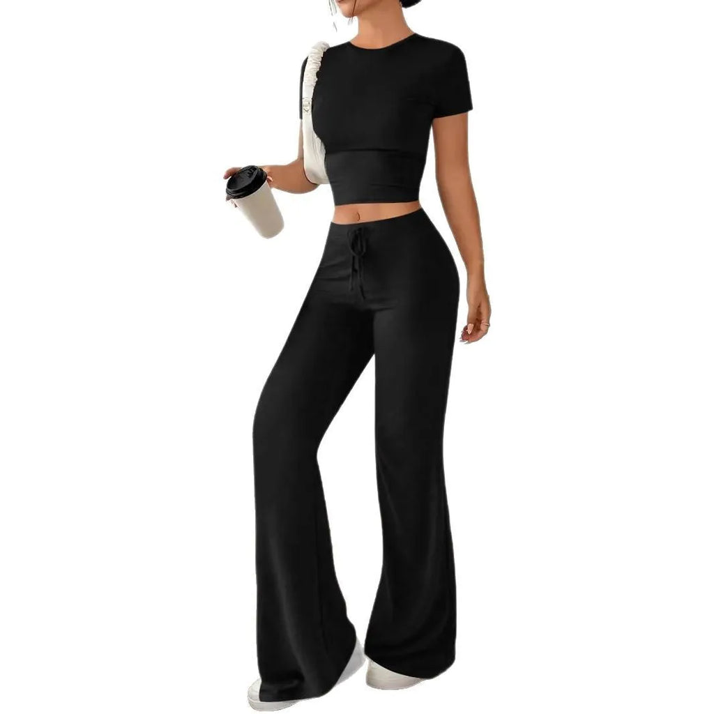 Black high waist trousers and short sleeve T-shirt suit set on hanger