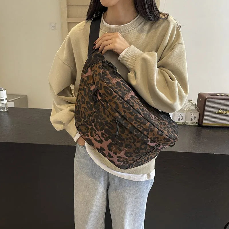 Retro canvas chest bag with leopard print and patchwork design, soft construction, available in multiple colours