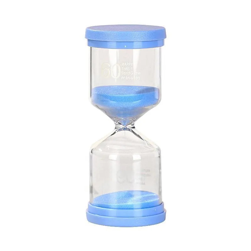 Glass sand clock timer showing coloured sand flow with blue, green, pink, and purple colour options
