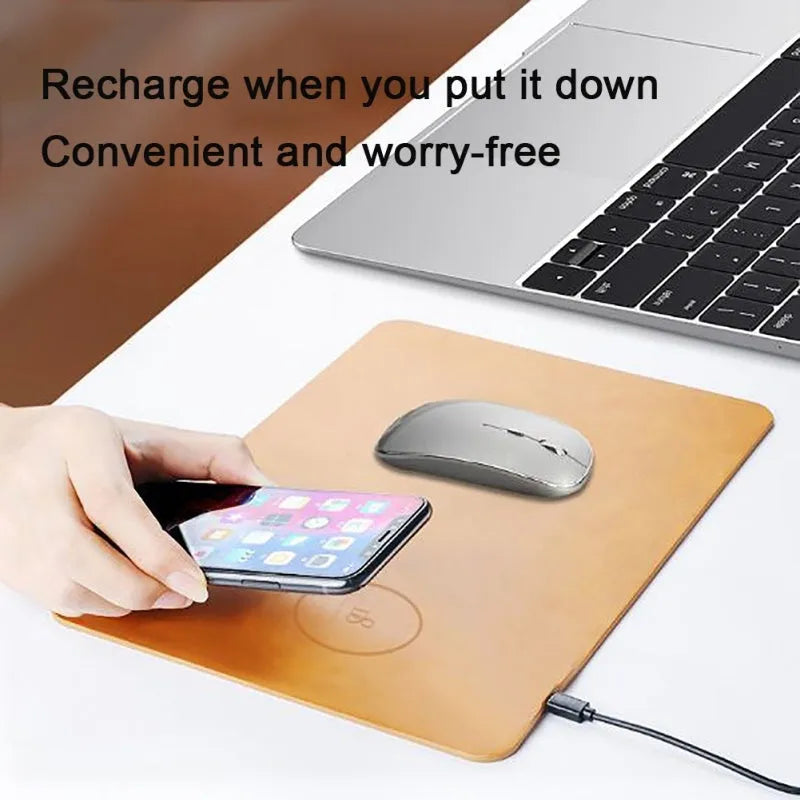 Brown leather wireless charging mouse pad with Micro USB cable for fast 5V Qi charging.